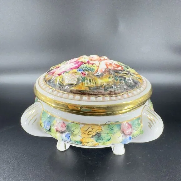 Vintage Capodimonte Italian Pottery Covered Dish Covered Bowl Dish Painted Italy